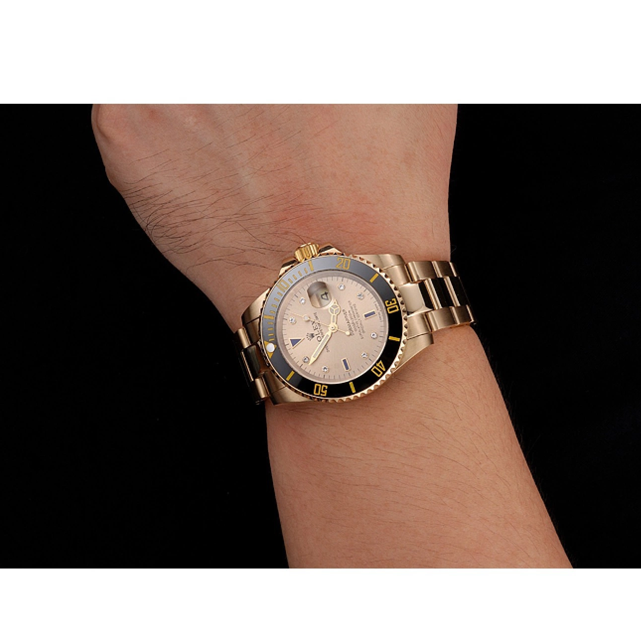 MiroTime 0810 Swiss Rolex Submariner Gold Dial With Diamond Markings Black Bezel Yellow Gold Case And Bracelet